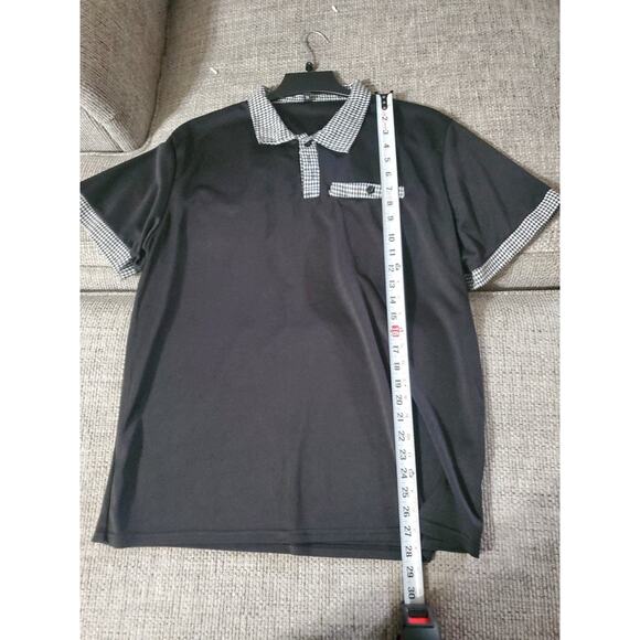 Mens Black Polo With Checkered Collar And Sleeve Ends - Picture 3 of 5